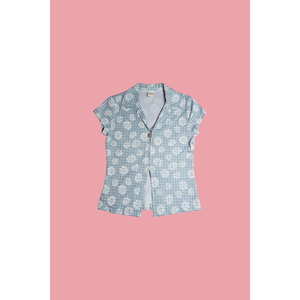 1990s ART U.S.A. DAISY Checkered MIDRIFF Collared Blouse W/Floral Zipper. xS-S